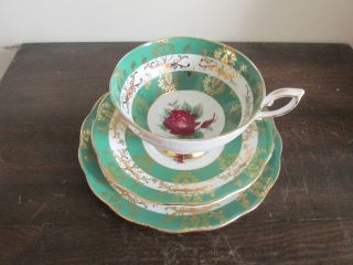Royal Standard England Trio Cup Saucer & Dessert Plate Cabbage Rose Green Gold