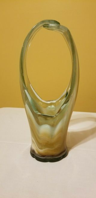 Vintage Hand Blown Murano Art Glass Basket Vase Beige And Aqua Stretch