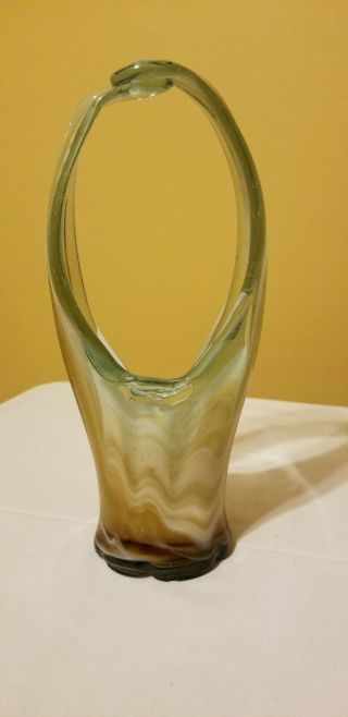 Vintage Hand Blown Murano Art Glass Basket Vase Beige and aqua Stretch 2