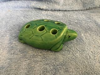 Vintage Green Pottery Flower Frog Turtle 4.  5” Pencil Holder Paperweight