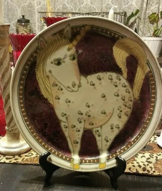 Janet Rothwoman Art Plate Pottery Dish 11 3/4 " Diameter Unicorn Horse Folk Art