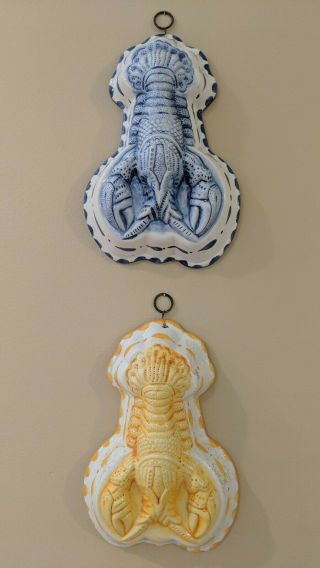 Vintage Blue And Yellow Bassano Italian Pottery Ceramic Lobster Mold Wall Decor