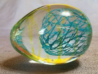 Turquoise Yellow Swirl Design Egg Shaped Art Glass Style Vintage Paperweight