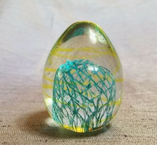 Turquoise yellow Swirl Design Egg Shaped Art Glass Style Vintage Paperweight 2