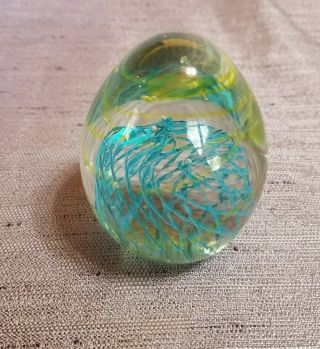 Turquoise yellow Swirl Design Egg Shaped Art Glass Style Vintage Paperweight 4
