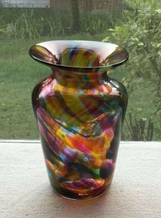 5” X 2.  5” Hand Blown Glass Vase,  Rainbow Colors,  Signed Stunning Piece