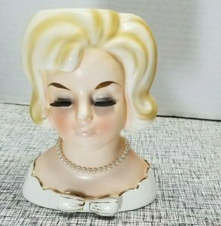 Vintage Napco National Potteries Blond Hair Lady Head Vase Marilyn Monroe Pearls