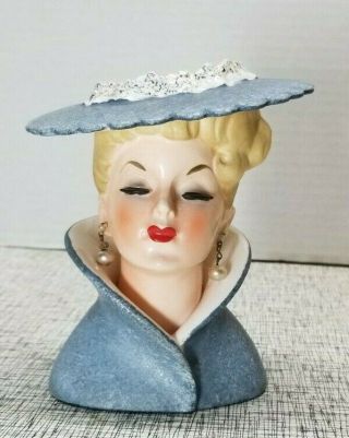Vintage Napco National Potteries Blond Hair Lady Head Vase Blue Hat Gold Spatter