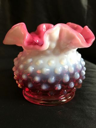 VINTAGE FENTON CRANBERRY OPALESCENT HOBNAIL RUFFLED VASE - 3” TALL X 3 1/2” Wide 2