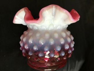 VINTAGE FENTON CRANBERRY OPALESCENT HOBNAIL RUFFLED VASE - 3” TALL X 3 1/2” Wide 4