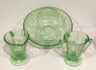 Hocking Glass Block Optic Green Depression Glass Creamer,  Sugar Bowl & Bowl