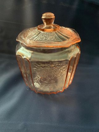 Vintage Pink Depression Glass Cookie Jar With Lid Flower Pattern