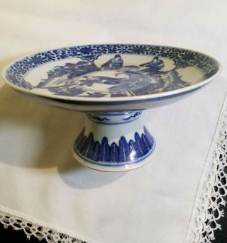 Asian Porcelain Tazza Dish Oriental Blue & White Footed Pedestal Altar Bowl Art