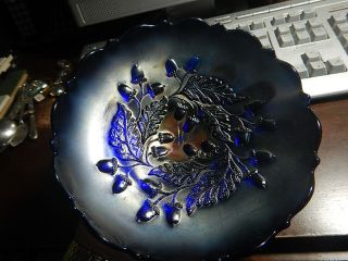 Vintage 7 1/4 Inch Cobalt Blue Carnival Glass Dish Bowl W/ Acorn & Leaf Pattern
