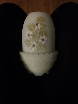 H/p Fenton Custard Glass Fairy Lamp.  White Flowers.  H/p & Signed By B Worstell