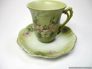 Antique Nippon Tea Cup & Saucer Hand Painted And Raised / Embossed Flowers