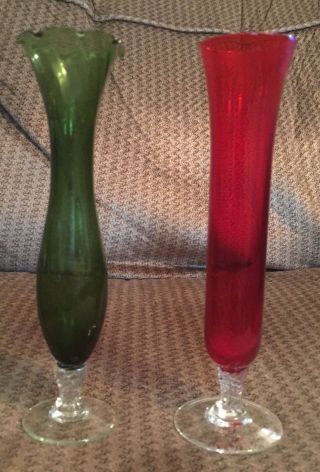 Set Of 2 Glass Bud Flower Vases Emerald Green & Red 8”