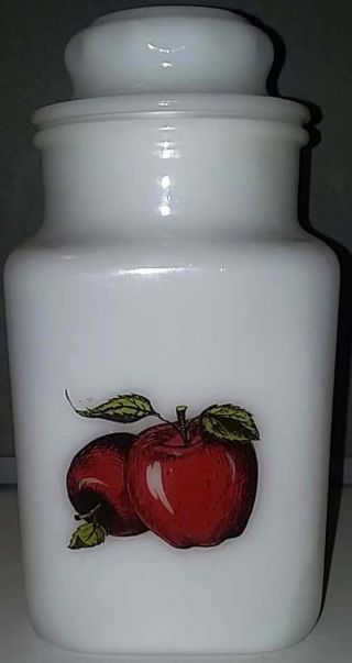 Vintage Jeannette Canister Set Milk Glass Bake Fruit Pattern Box Apples 2