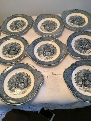 8 Currier And Ives Tab Handle Salad Plates 7.  25 " Drinking From The Well