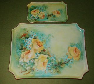 2 Antique W G Co William Guerin Limoges Tray Plates Yellow Roses Hp 1900 - 32
