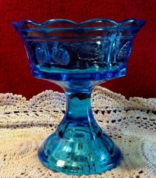 Blue Depression Footed Glass Art Candy Bowl Strawberry Pattern