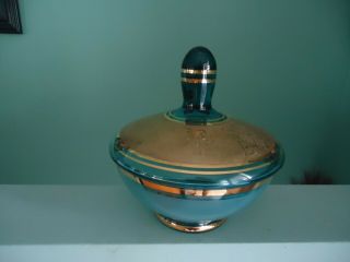 Vintage Bohemia Teal Blue Glass Trinket Bon Bon Dish Cotton Ball Holder Gold