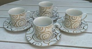 Set Of 8 Pier 1 Porcelain Gold Swirl (4cups & 4saucers) Perfect Cond