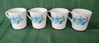 Set Of 4 Corelle Corning Ware Blue Velvet Roses Swirl Coffee Mugs Tea Cups Read
