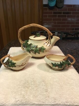 Vintage Mccoy Art Pottery Ivy Tea Set Teapot,  Sugar Bowl And Creamer 1950s