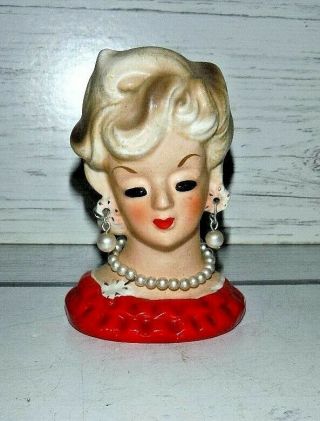 Vtg Miniature Lady Head Vase With Pearl Earrings And Necklace 3 1/2 " Tall Japan