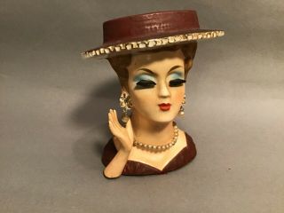 Vintage Lady Head Vase Maroon/burgundy Hat Dress As - Is