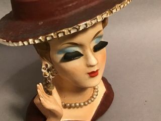 Vintage Lady Head Vase Maroon/Burgundy Hat Dress as - is 2