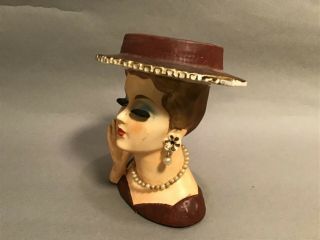 Vintage Lady Head Vase Maroon/Burgundy Hat Dress as - is 3