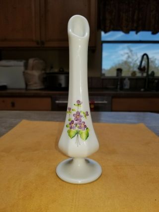 Fenton Violets In The Snow Milk Glass Hand Painted Bud Vase Signed By Artist