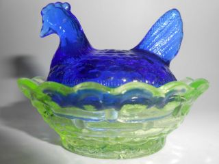 Vaseline & cobalt blue glass salt celt hen chicken on nest basket dish / uranium 2