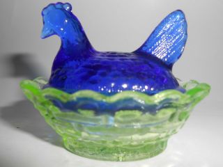 Vaseline & cobalt blue glass salt celt hen chicken on nest basket dish / uranium 3