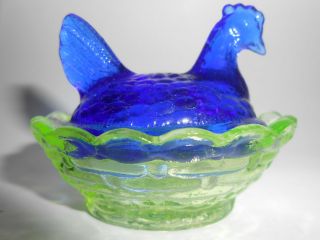 Vaseline & cobalt blue glass salt celt hen chicken on nest basket dish / uranium 4
