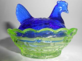 Vaseline & cobalt blue glass salt celt hen chicken on nest basket dish / uranium 5