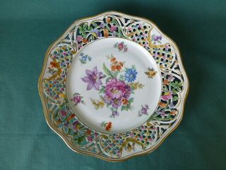 Antique Schumann Dresden Hand Painted Floral Decor Porcelain Reticulated Plate