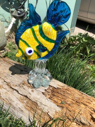 Hand Blown Murano Italian Glass Cobalt Blue & Telliw Fish Figurine Sculpture