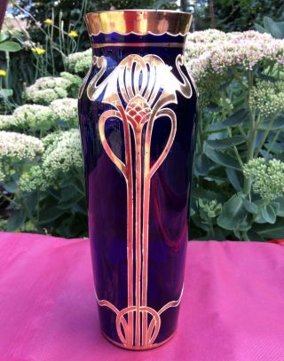 Antique Bohemian Art Nouveau Cobalt Glass Vase,  Gold Overlay 2