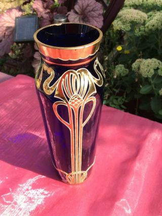 Antique Bohemian Art Nouveau Cobalt Glass Vase,  Gold Overlay 3