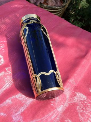 Antique Bohemian Art Nouveau Cobalt Glass Vase,  Gold Overlay 4