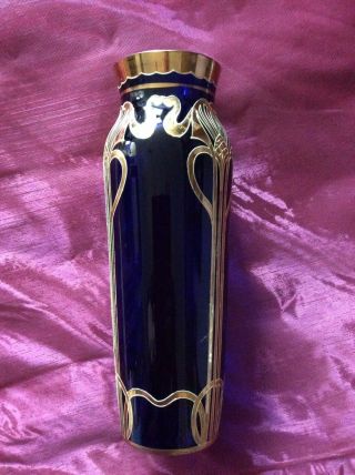 Antique Bohemian Art Nouveau Cobalt Glass Vase,  Gold Overlay 5