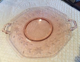 Vintage Pink Depression Glass Etched Flowers Octagon Handled Platter