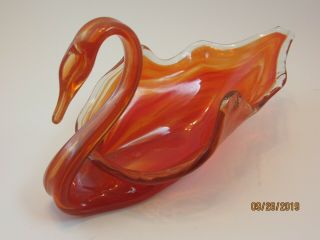 Mid Century Modern Hand Blown Glass Murano Style Swan Bowl Orange