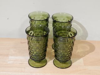 Set Of 4 Indiana Whitehall 12 Oz.  Footed Tumblers Avocado Green Glass Cubist