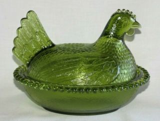 Vintage Indiana Glass Green Chicken Hen on Nest Covered Candy Dish 2