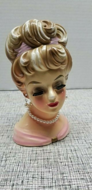 Vintage Japan Ceramic Pink Dress Lady Head Vase Closed Eye Pearls Eyelashes