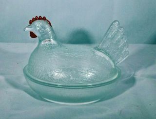 Vintage Glass Nesting Hen Chicken On Nest Basket Covered Candy Nut Dish